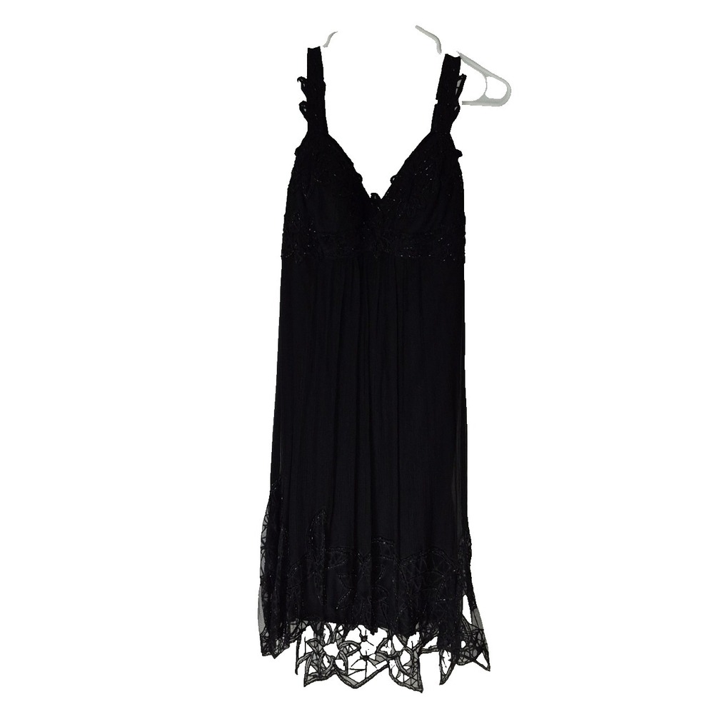 Stenay Dress Womens 8 Black Silk Sweaheart Neckline Beaded Strappy Cocktail VTG